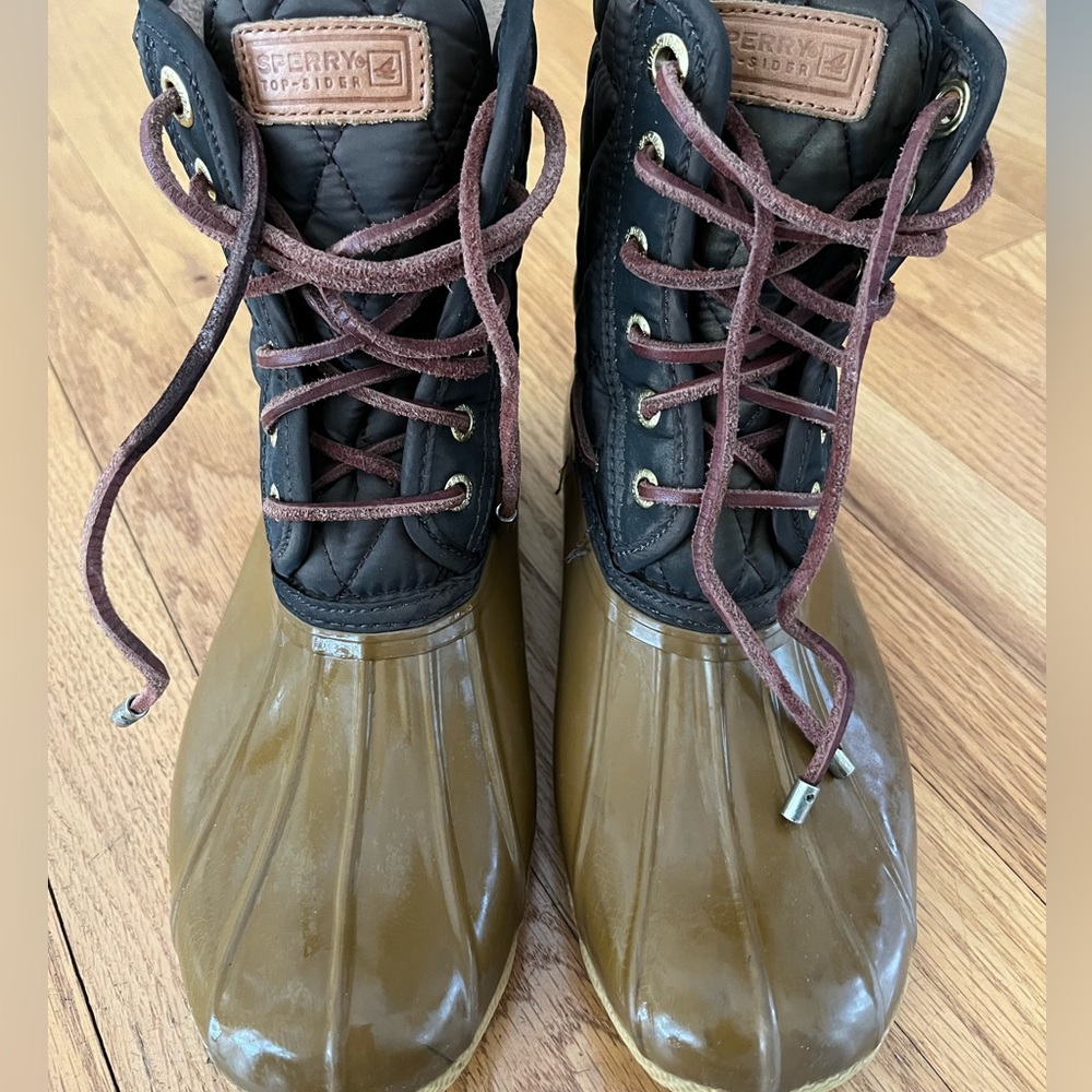 Sperry olive + tan Quilted Duck Boots